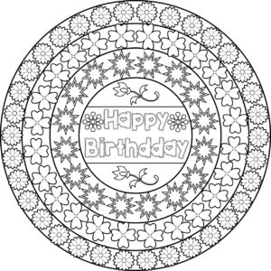 Birthday Mandala Coloring Pages with many circles and design of stars.